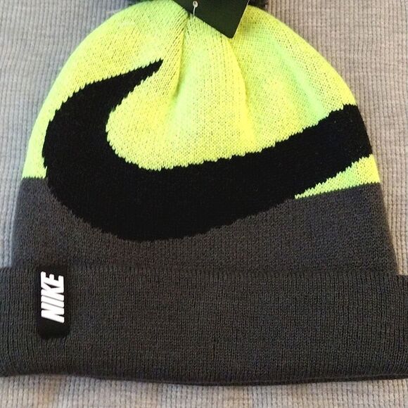 NIKE Big Kid's Volt Yellow Black Swoosh Pom Pom Knit Beanie NWT - Picture 3 of 15